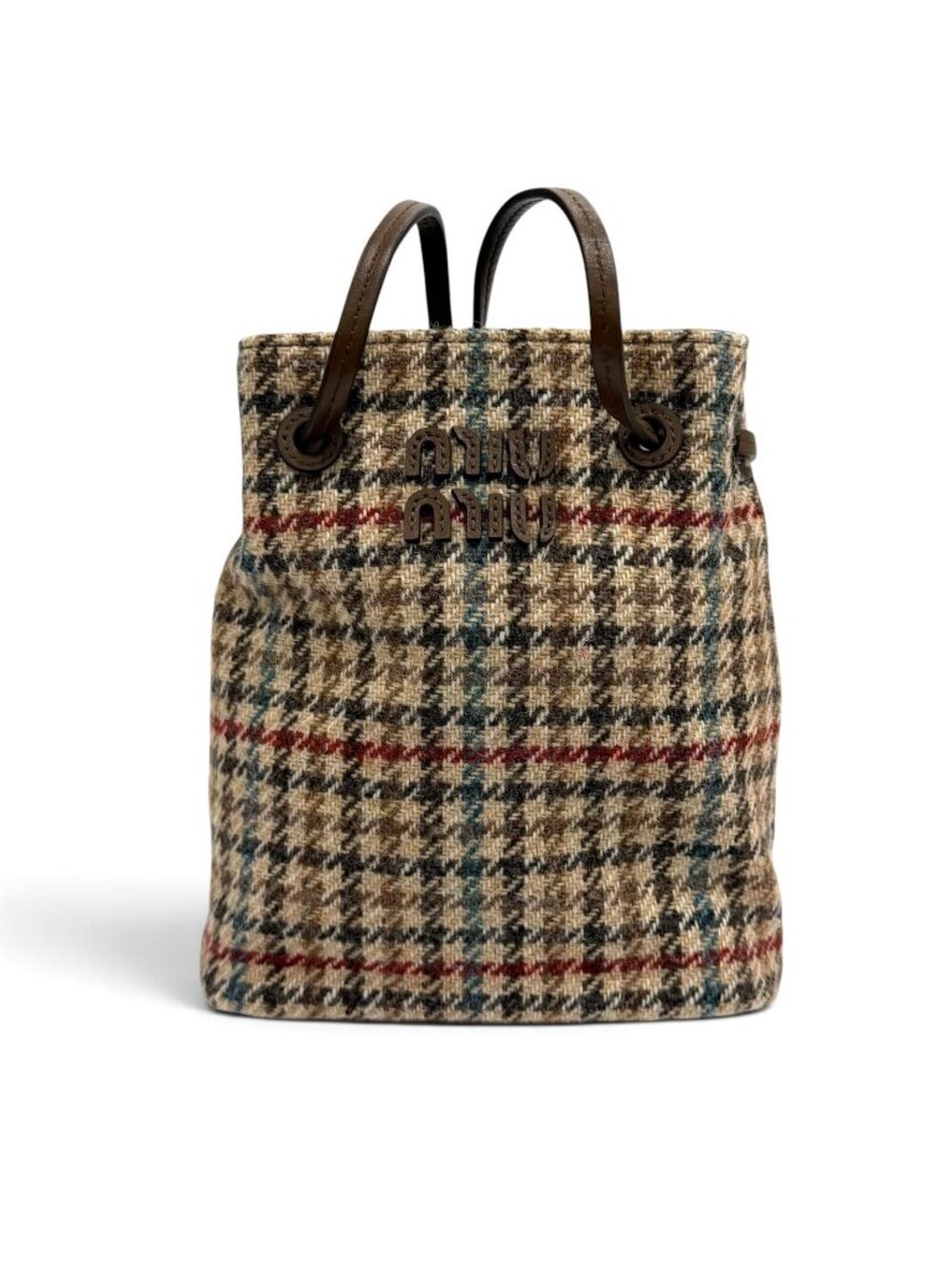 Miu Miu Logo Leather Use Houndstooth Tweed Shoulder Bag Multi